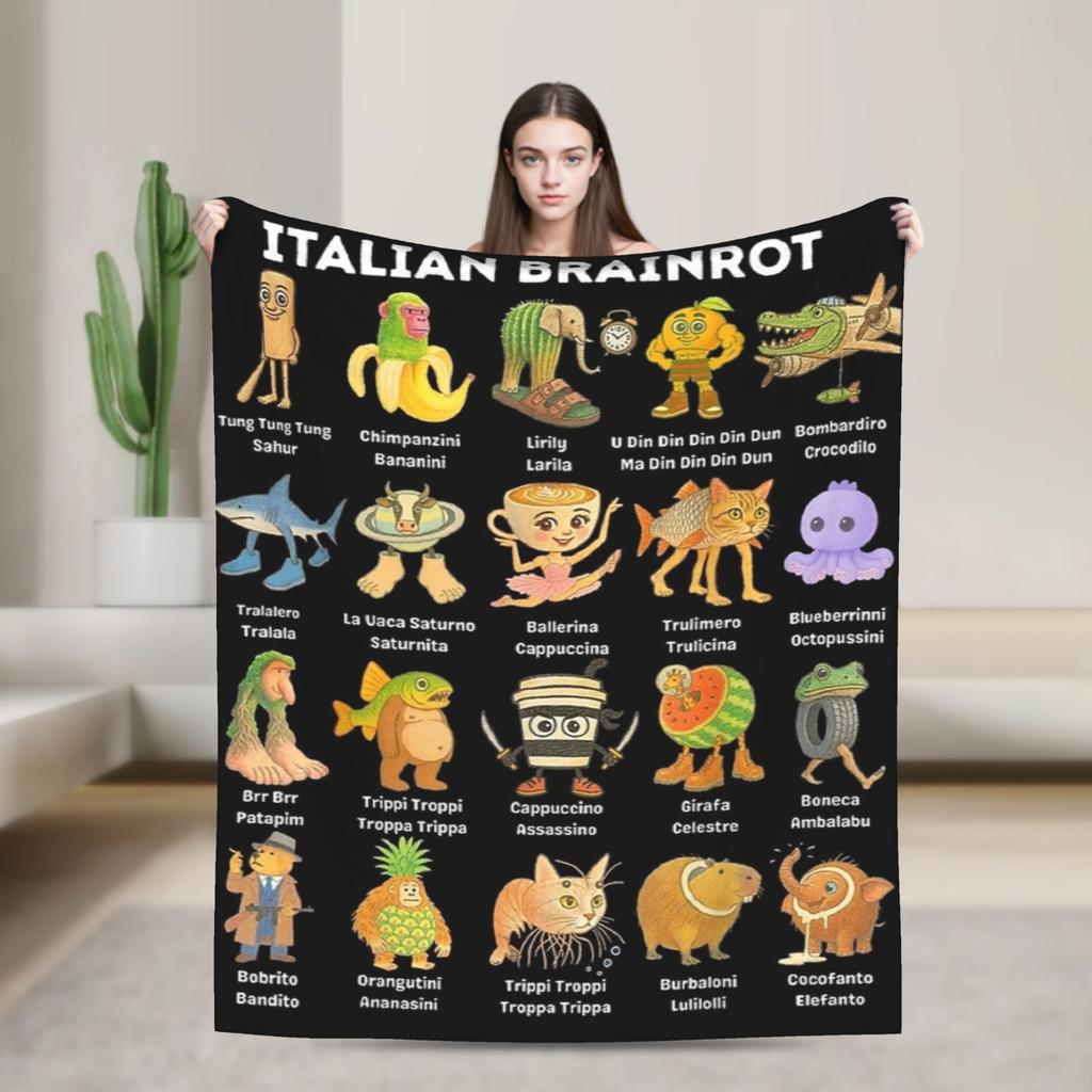 Italian Brainrot Tralalelo Tralala Tung Tung Tung Sahur Meme Fleece Blanket Throw Blanket for Bed Sofa Couch Plush Thin Quilt