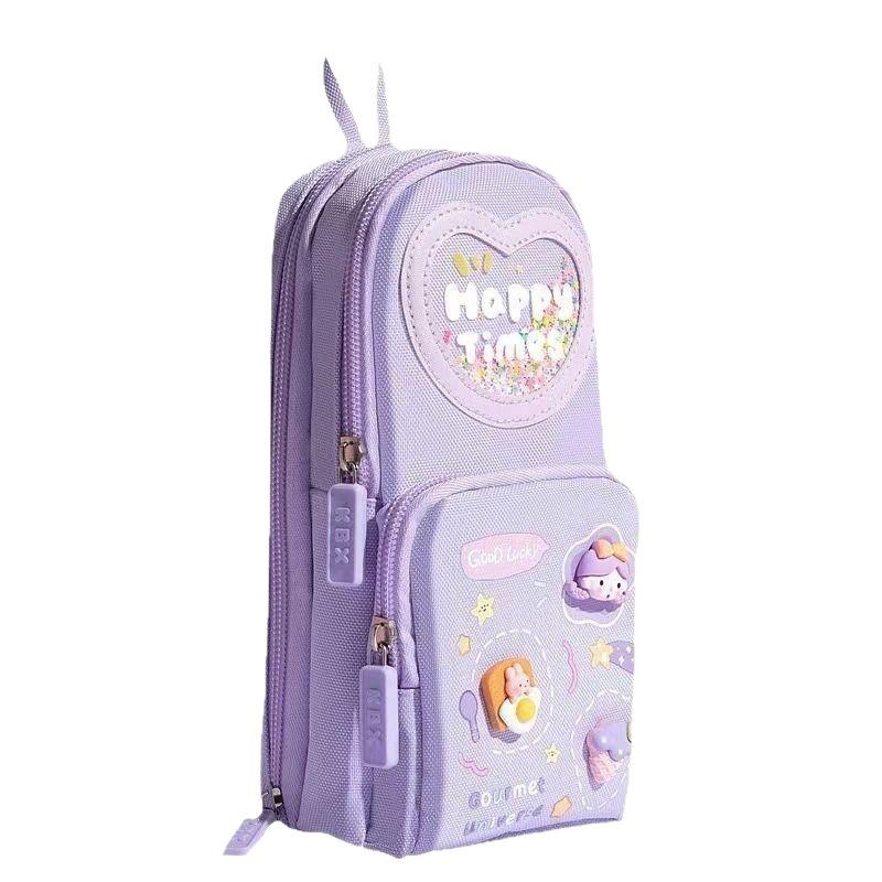 Cute 3-Layer Large Capacity Backpack Pencil Case for Primary School Girls - Multifunctional and Portable Stationery Bag