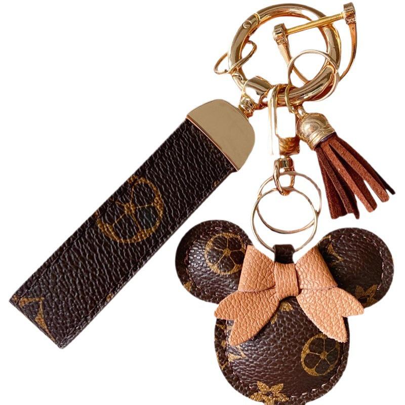 Exquisite Classic Leather Old Flower Car Pendant Keychain with Cute Ball Cartoon Rex Rabbit Fur for Women's Bags