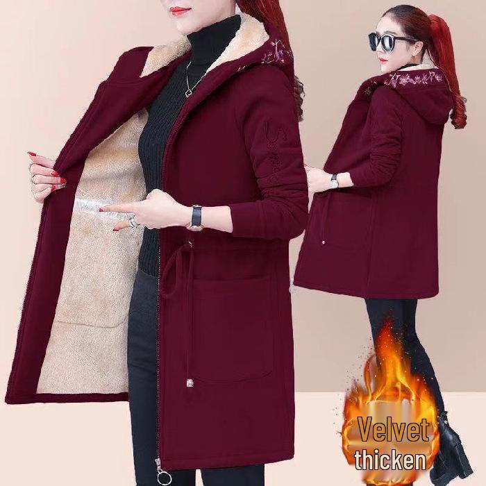 Women s Plus Size Mid-Length Lambswool Plush Hoodie Coat - Velvet Thickened, New Autumn/Winter 2025 Trendy Loose Cardigan 4XL вино красного