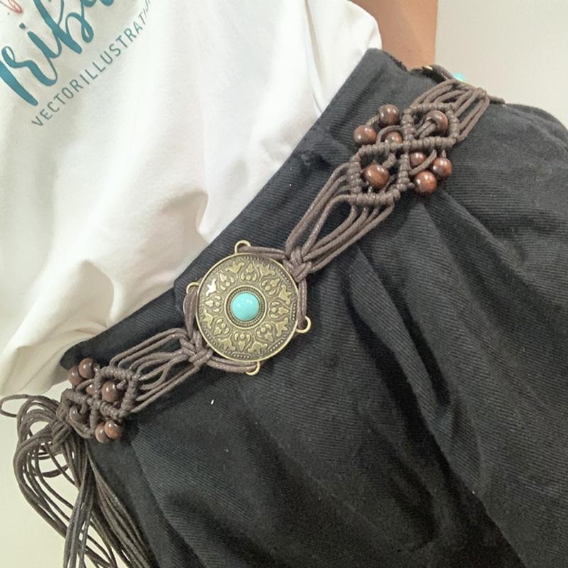 Women Shirt Waist Belt Vintage Bohemian Adjustable Braided Waist Belt with Tassels Women Dress Shirt Wide Waist Belt