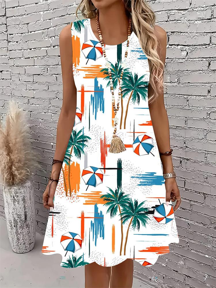 Casual Women Tank Dress Summer Sleeveless O-Neck 3D Print Loose A-Line Dress Beach Vest Dress