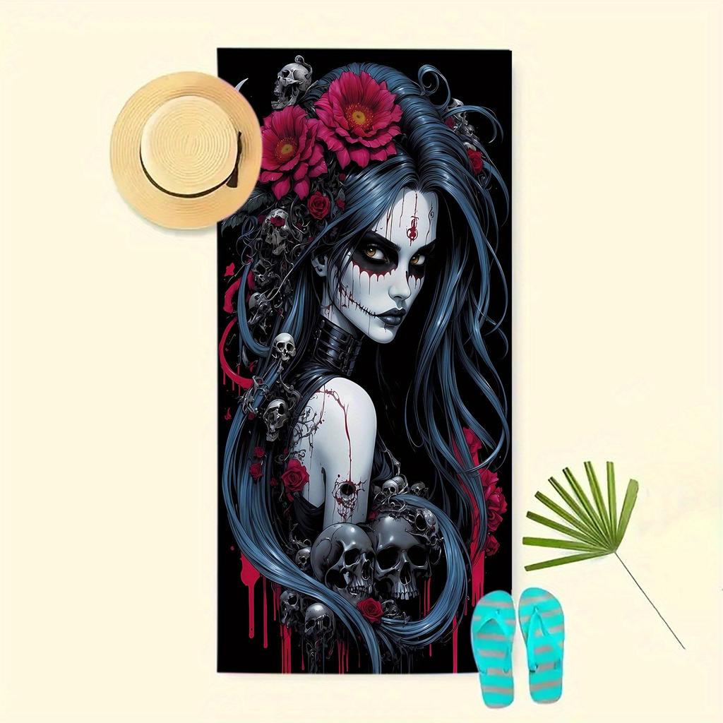Extra Large Ultra Fine Microfiber Skull Rose Towel, Lightweight Soft for Travel Swimming