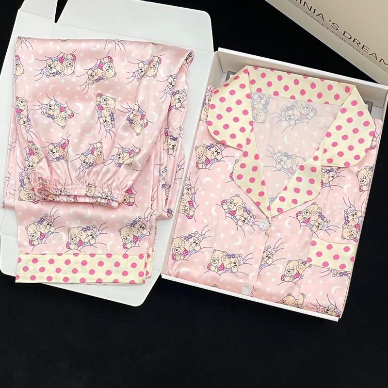 Japanese Cute Pink Bear Cartoon Pajamas Women S Spring Summer Long-Sleeved Home Set M