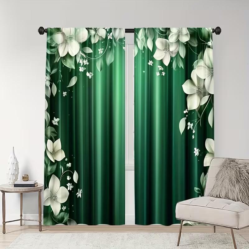 2 Pcs Green Flowers Print Curtains,suitable for Bedroom,living Room Kitchen Decoration,home Decoration,window Decoration