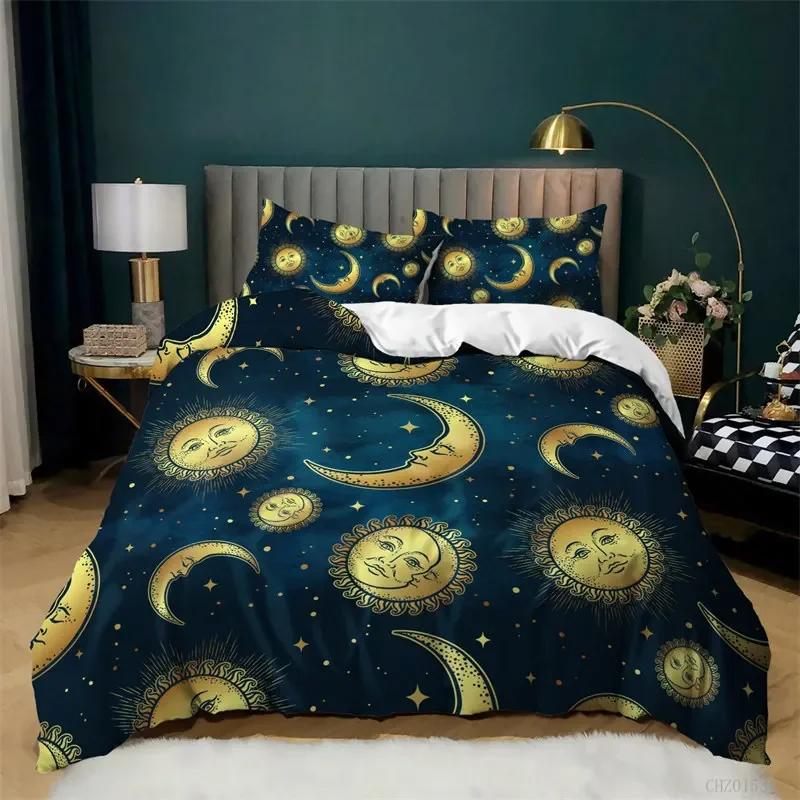 Sun and Moon King Duvet Cover Bohemian Style Celestial Bedding Set Microfiber Galaxy Stars Comforter Cover For Kids Girls Teens