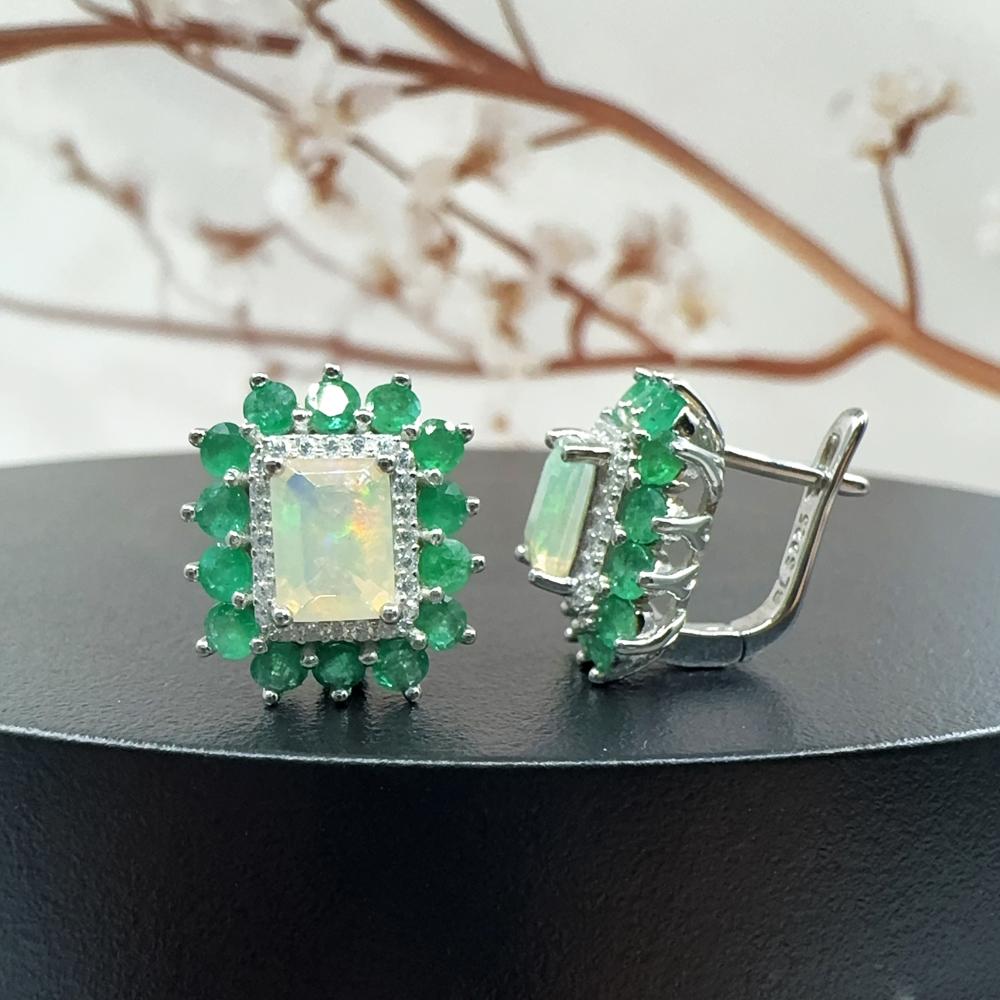 Women's Classic High-End Silver Earrings with Natural Ethiopia Opal & zambia Emerald Gemstones Fine Jewelry