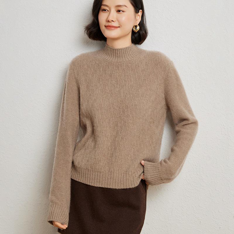 Women's Wool Blend Floral Knit Pullover Sweater - Half High Neck, Loose Fit for Autumn and Winter.