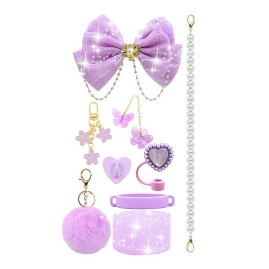 1 Set Tassenhülle Funkelnde Strasssteine Schleife Plüschball Dekoration Kunstperlen Lanyard Tassenzubehör mit Silikonboden-Schutz