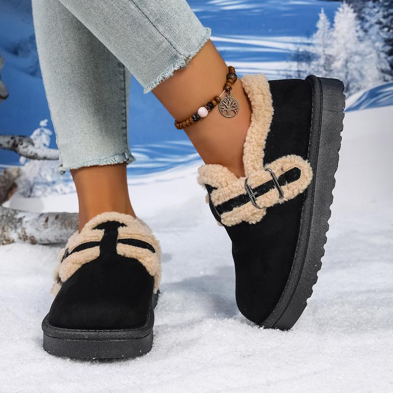 Soft Thick Bottom Furry Casual Shoes Women 2025 Winter Warm Short Plush Flats Shoes Metal Buckle Non Slip Snow Boots for Woman