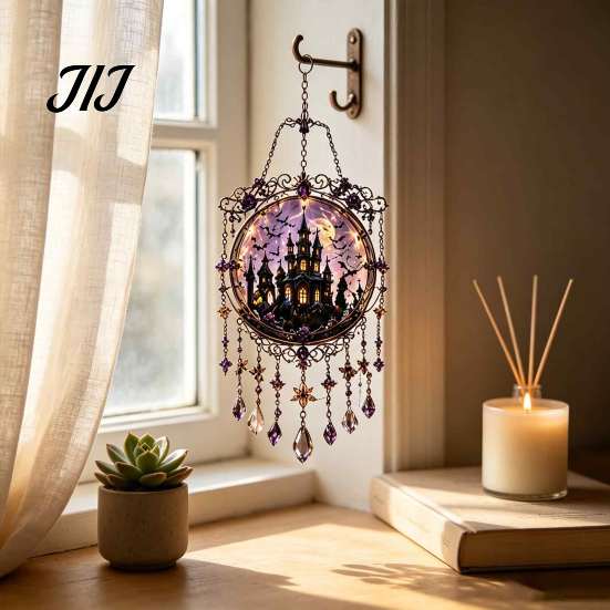 Acrylic Hanging Decor Halloween Crystal Window Suncatcher, Witch Wind Chime, Decorative Creative Birthday Presents Ornament for Indoor Outdoor Garden