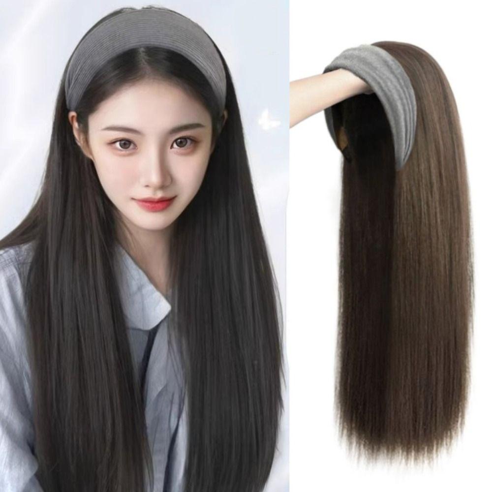 Hair Hoop Half Headband Wig Korean Style Long Straight Hair Gray Wide Knit Headband Wig Daily Wear