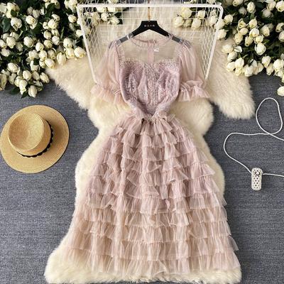 Summer Women Elegant Embroidery Flower Mesh Cake Party Dresses