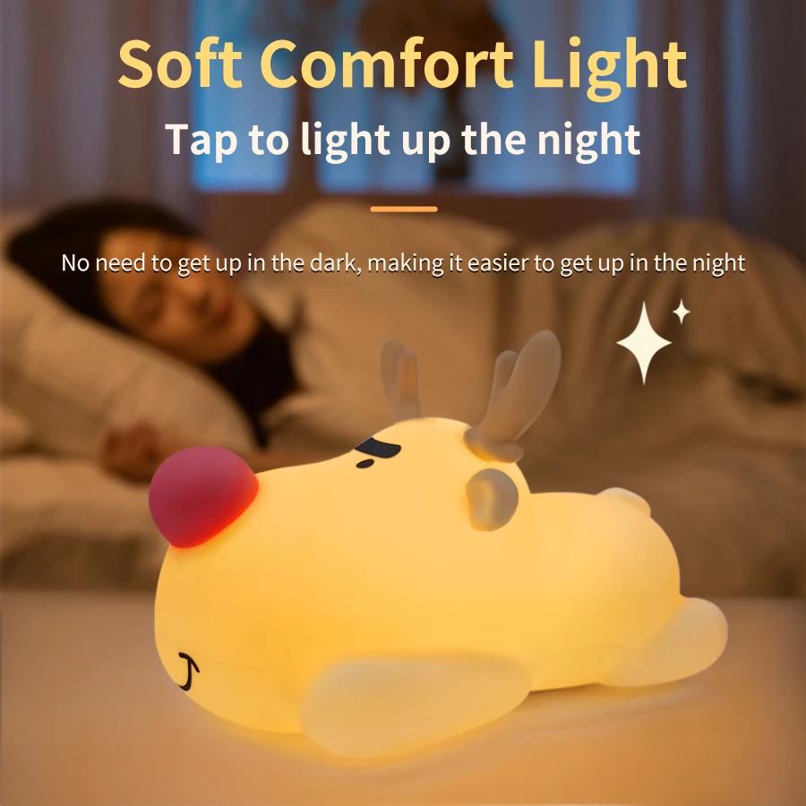 Reindeer LED Night Light Touch Squishy Bedside Night Lamp Rechargeable Cute Animal Children Night Lights Kids Christmas Gift
