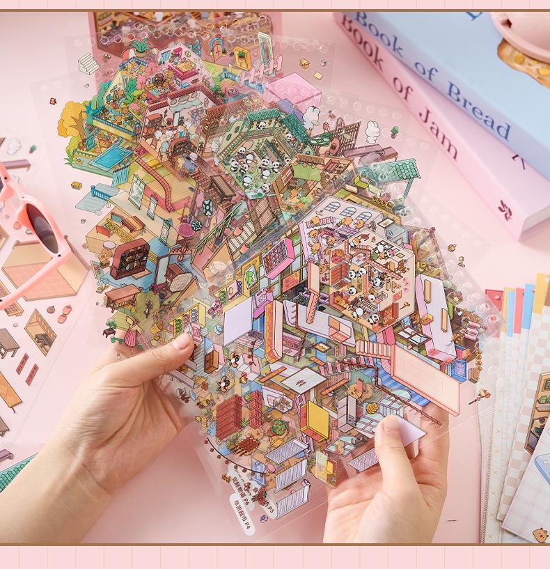 Sonnige Stadt 3D Miniatur-Szenen Stickerbuch: Frühmorgendliche Cartoon-Hüttenlandschaft