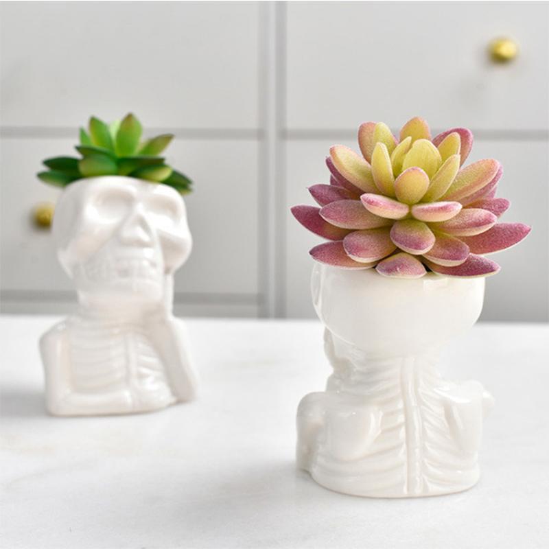 Creative Skull Flower Pot Succulent Pot Ceramic Planter Home Decor Halloween Ornament Bonsai Plant Pot Garden Decoration