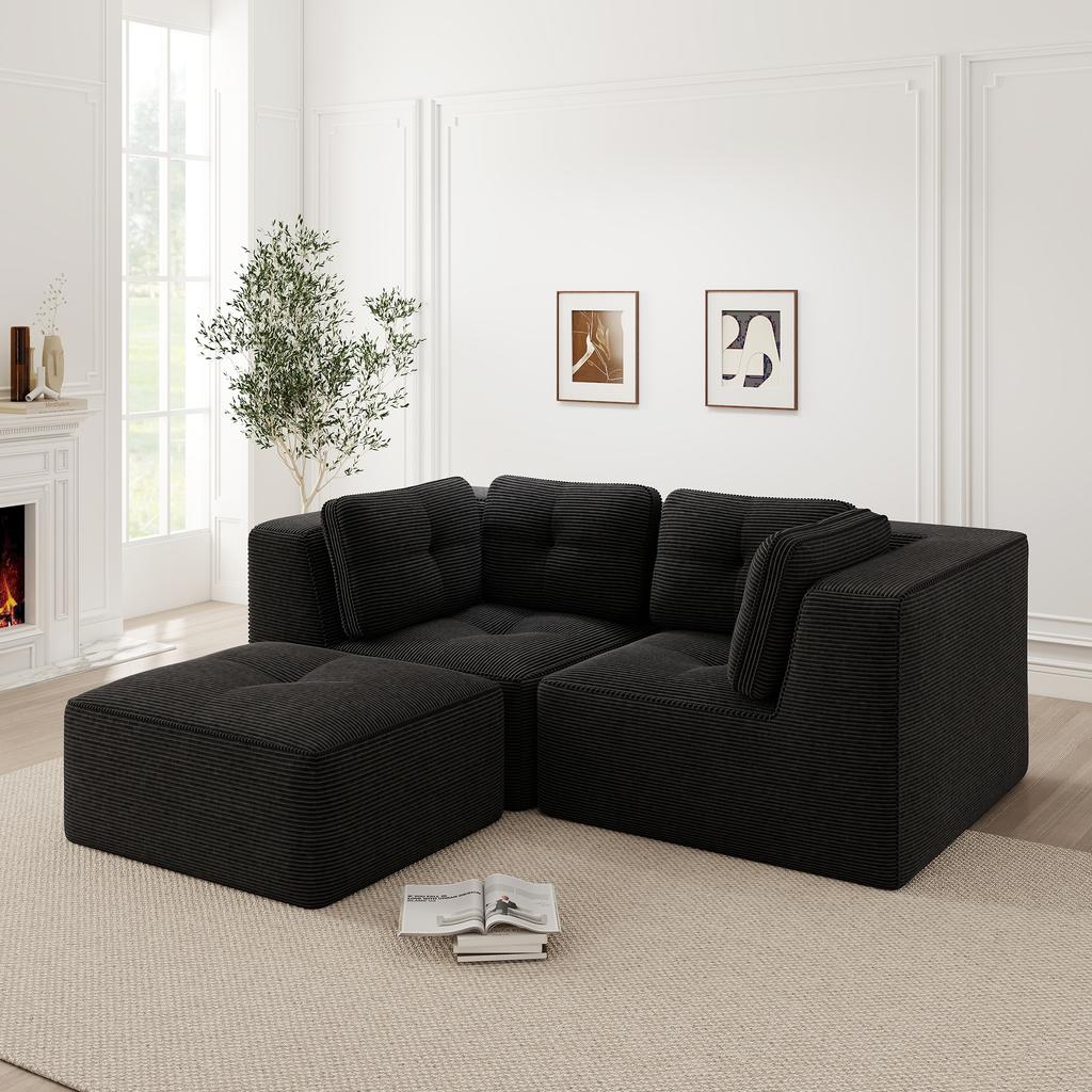 Modular Corner Sofa, Two-seater, Frameless L-shaped with Movable Footrest, Corduroy Fabric, Suitable for Living Room and Bedroom, Black
