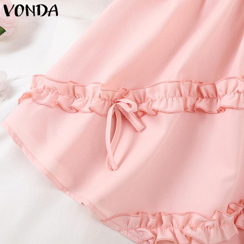 VONDA Women Casual Elastic Waist Solid Color Layered Ruffle Skirts