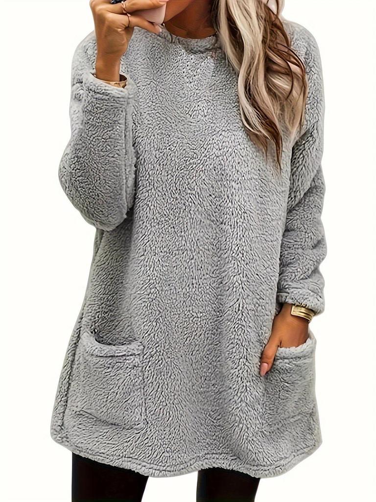 Women's Casual Long-Sleeve Plush Sweater with Pockets, Autumn/Winter Collection