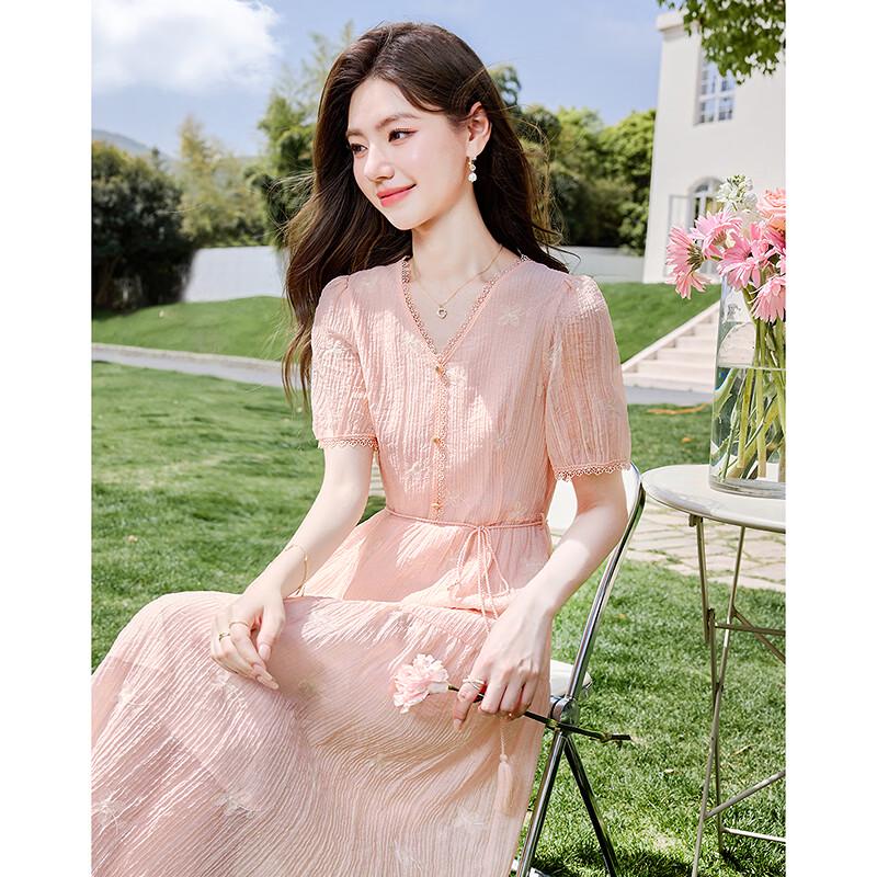 Textured V-Neck Pleated A-Line Midi Dress L