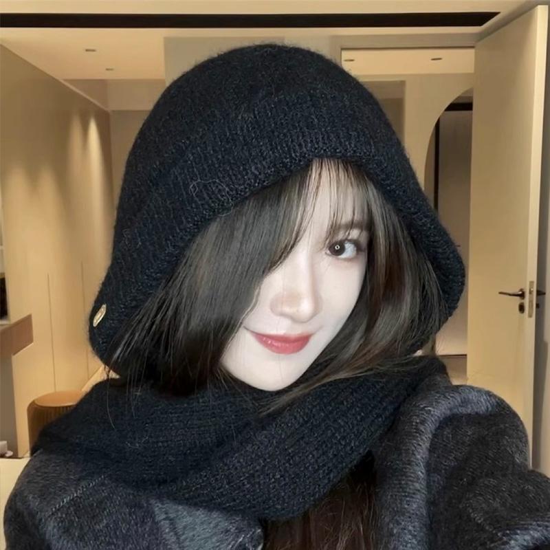 1Pc Solid Color Thicken Hat Cold Protection Integrated Keep Warm Shawl Buckled Knit