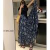 Retro Floral Multi-layer Patchwork Women's Chiffon Midi Skirt with Slimming Design