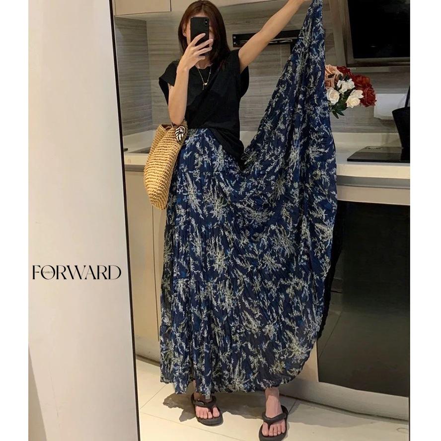 Retro Floral Multi-layer Patchwork Women's Chiffon Midi Skirt with Slimming Design