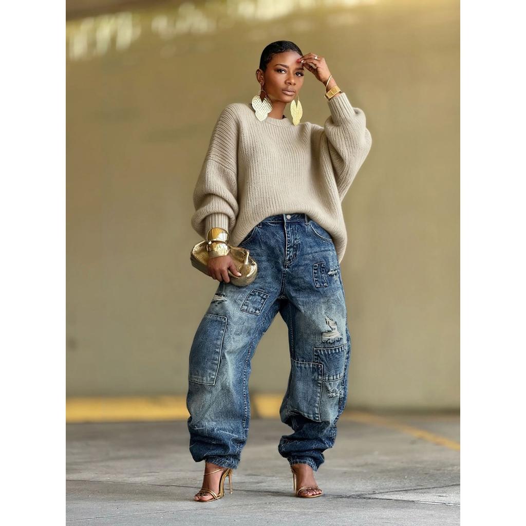 Γυναικείο Παντελόνι Jeans Baggy με Ψηλή Μέση, Μπαλώματα, Φθαρμένο, Ίσιο Πόδι, 2026 Άνοιξη, Streetwear, Μη Ελαστικό Τζιν