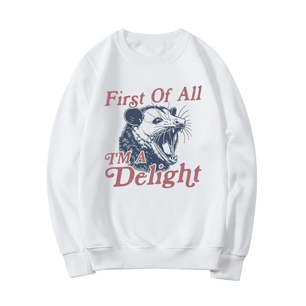 First Of All I'm A Delight Sweatshirt Funny Opossum Sweatshirt Angry Opossum Hoodie Opossum Lover Gifts Funny Sarcastic Sweater