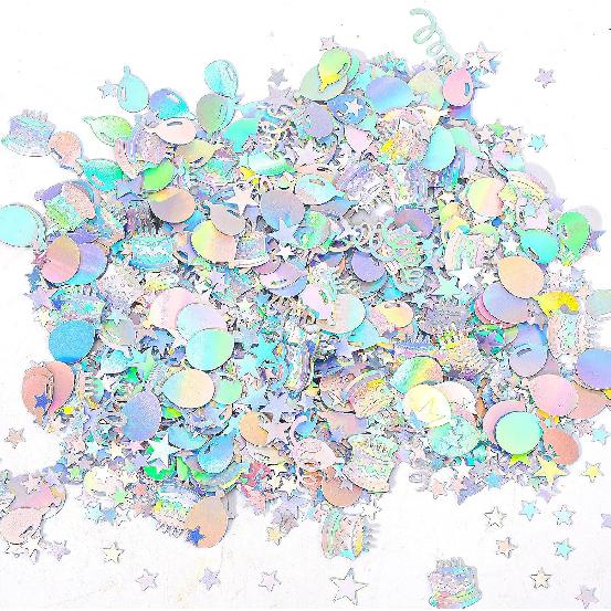 600pcs Birthday Confetti, Metallic Birthday Table Scatter Iridescent Party Confetti for DIY Crafts Cake Balloons Stars Ribbons Shapes Festive Table