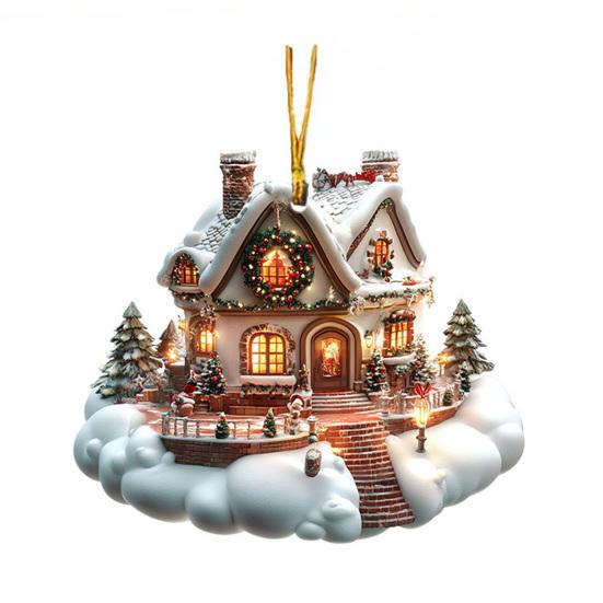 Snow Village House Ornament Rustic Log Cabin Hanging Ornament 2D Acrylic Cottage with Snow Scene for Winter Wonderland Xmas Tree Decor