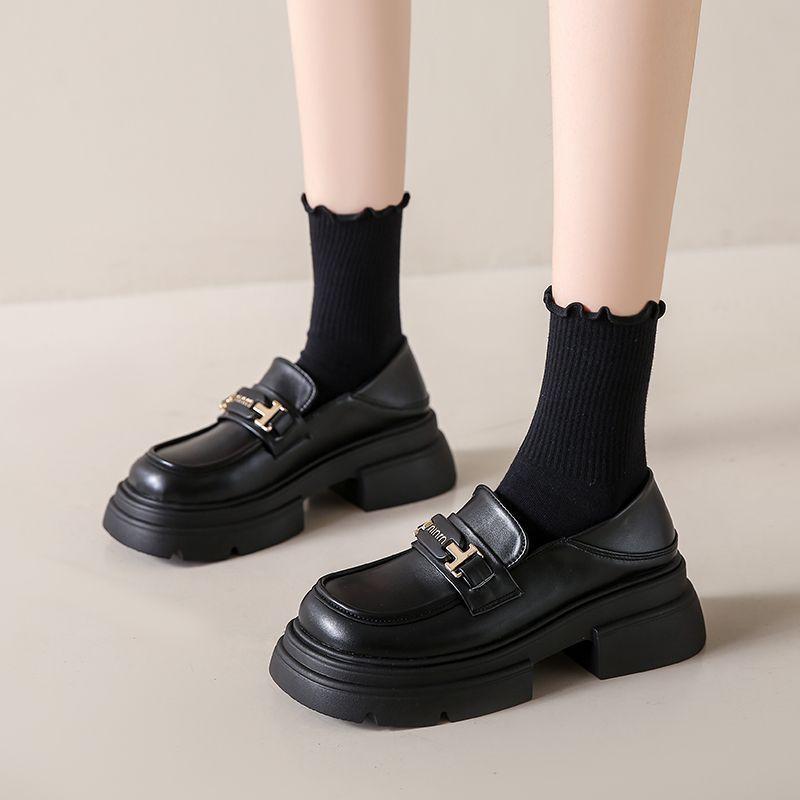 Platform loafers women's autumn 2025 new one-pedal women's shoes British style black small leather shoes spring and autumn soft sole