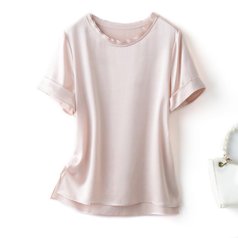 

Женская летняя шелковая футболка Petite - чистый цвет, с короткими рукавами, шелк Mulberry Large розовый