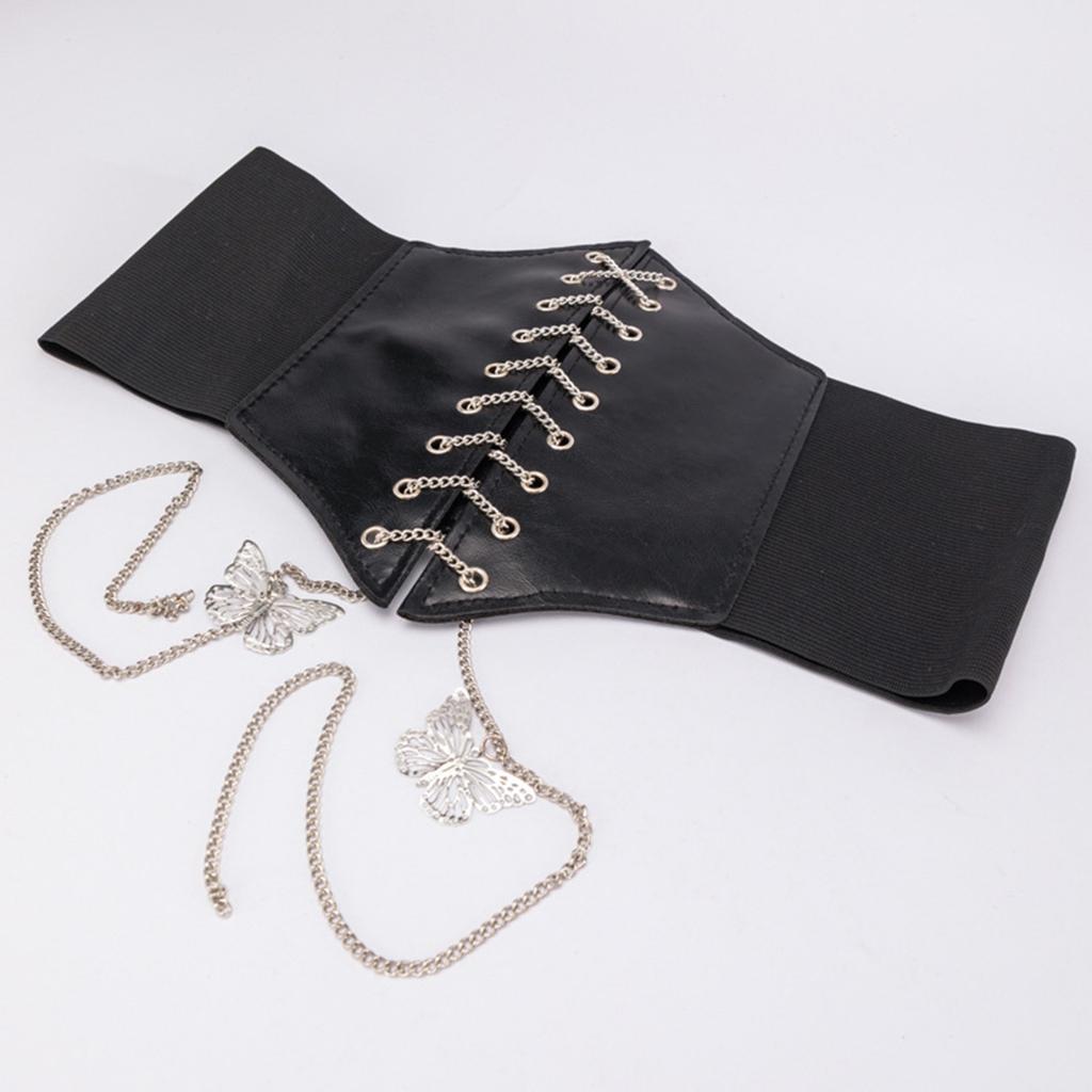 Slim Elastic Pu High Waist Belt Women Women's Girdle Style Chain Elastic Bow Knot Straps Black Punk Gothic Wide Belt Corsets