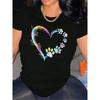 European Size Woman 'S Fashion Short Sleeve T-Shirt | Colorful Heart and Dog Paw Print, Casual Crew Neck, Geometric Pattern Fabric, Comfort Fit