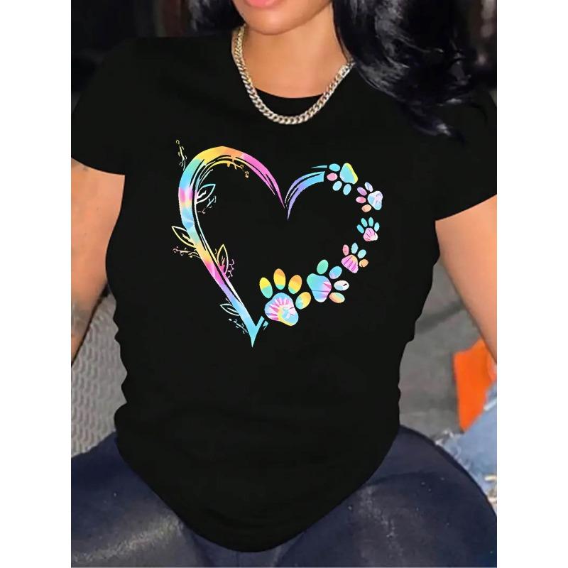 

European Size Woman S Fashion Short Sleeve T-Shirt | Colorful Heart and Dog Paw Print, Casual Crew Neck, Geometric Pattern Fabric, Comfort Fit 4XL