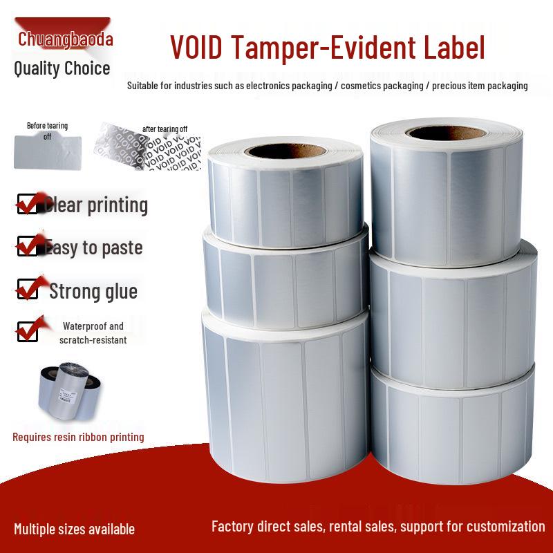 Void Label: Tear-resistant, Anti-counterfeit, Anti-tamper Seal Sticker – Printable, Leaves Words When Peeled Blank Silver VOID 40x15x2000 Single