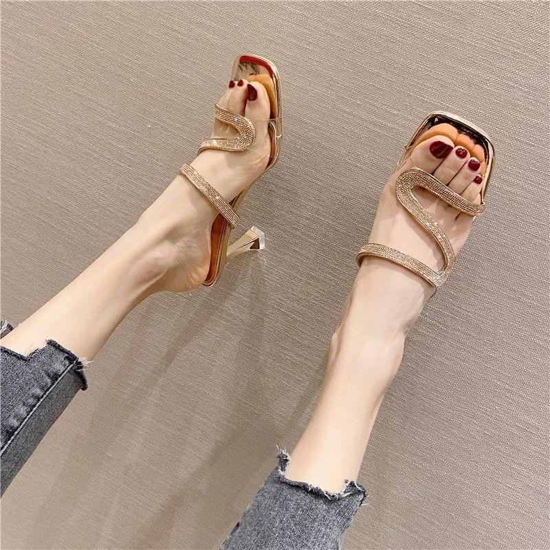 Fashion Water Diamond Slippers for Women Summer New Fashion Thin Heeled Slides Transparent Fashion Comfort High Heel Shoes Plus Size 42