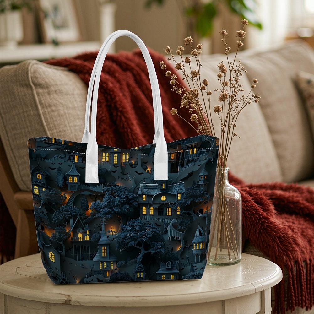 Halloween Themed Dark Spooky Castle Print Portable Tote Bag for Daily Commute Shopping Use