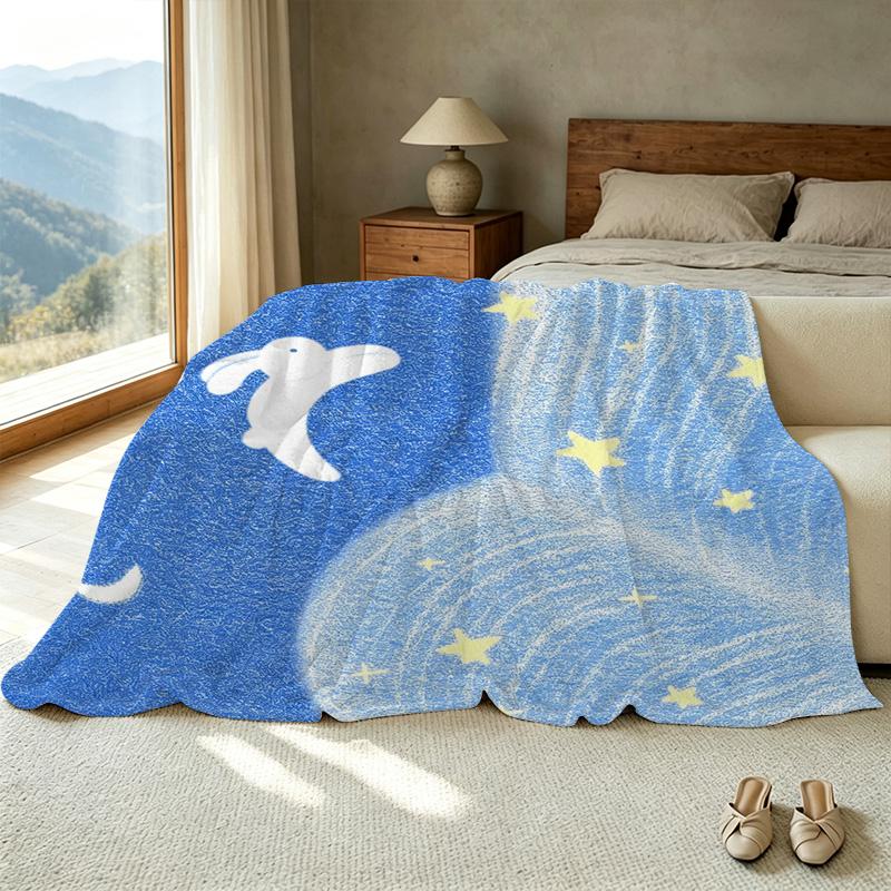Thick Warm Flannel Blanket - Moon Star Rabbit Pattern, Soft Cozy for Home, Couch, Bedroom, Guest Room, Christmas & Halloween