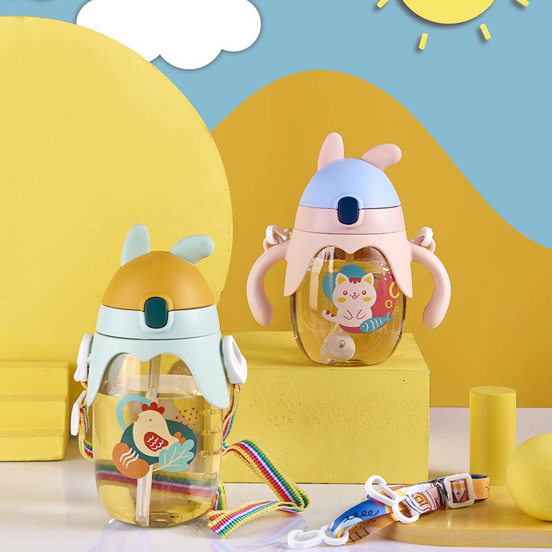 350ml Summer Childrens Cartoon Plastic Cup with Straw Flip Water Cup with Handle Baby Kindergarten Drinking Cup