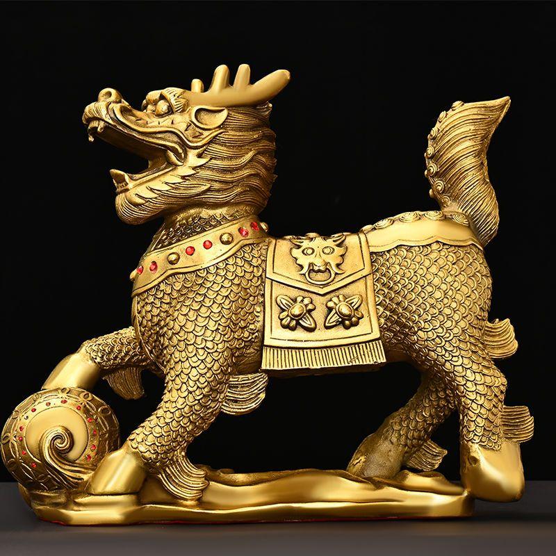Chinese Fengshui Craft Eight Treasures Qilin Ornament Full Copper Auspicious Lucky Qilin Home and Office Desktop Decoration