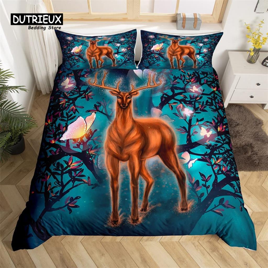 Deer Animal Duvet Cover Set Twin Queen Size Butterfly Flowers Bedding Set Microfiber Moon Galaxy Comforter Cover For Girls Teens