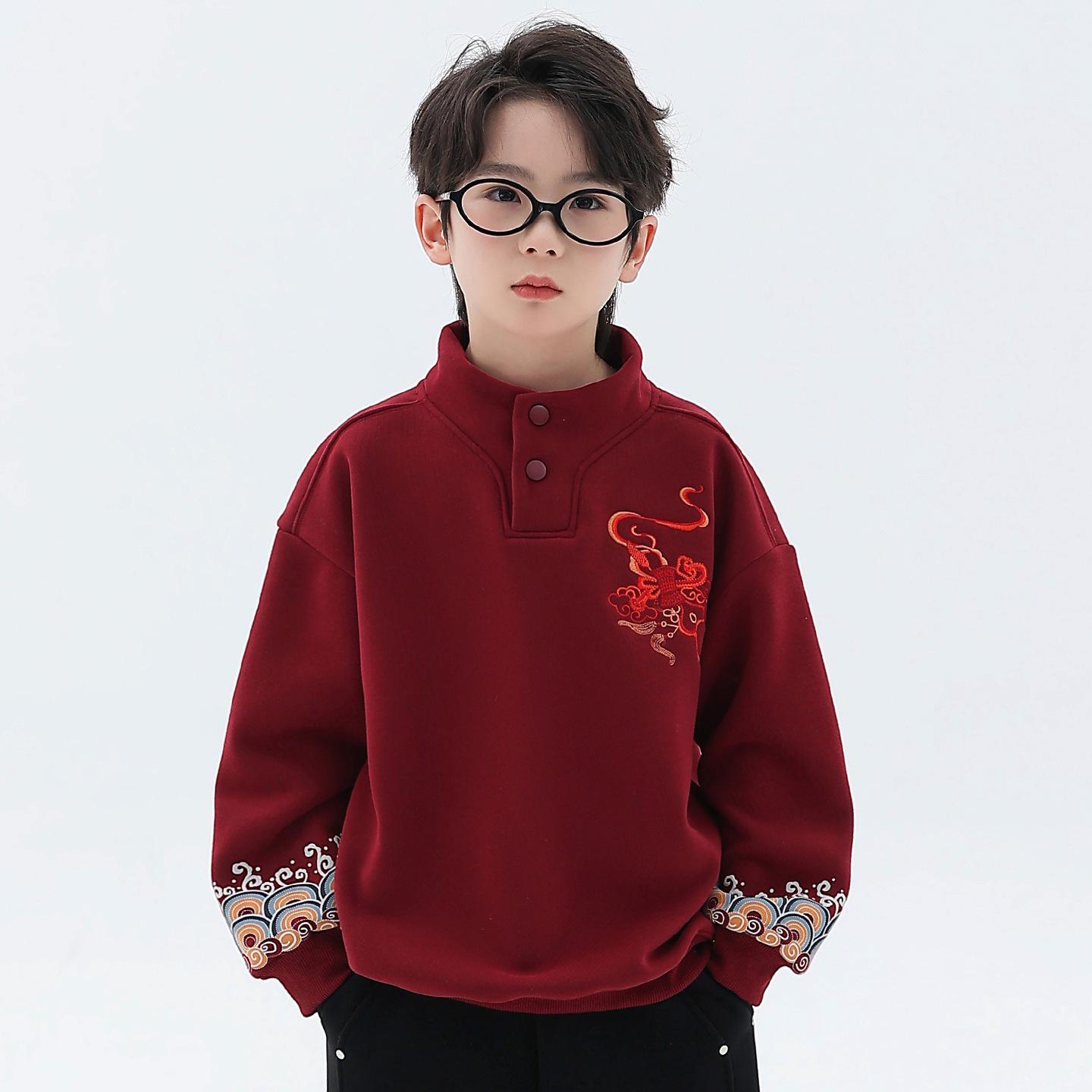 

Boys 2025 Autumn/Winter Fleece-Lined Hoodie - Trendy Stand-Up Collar for Older Kids