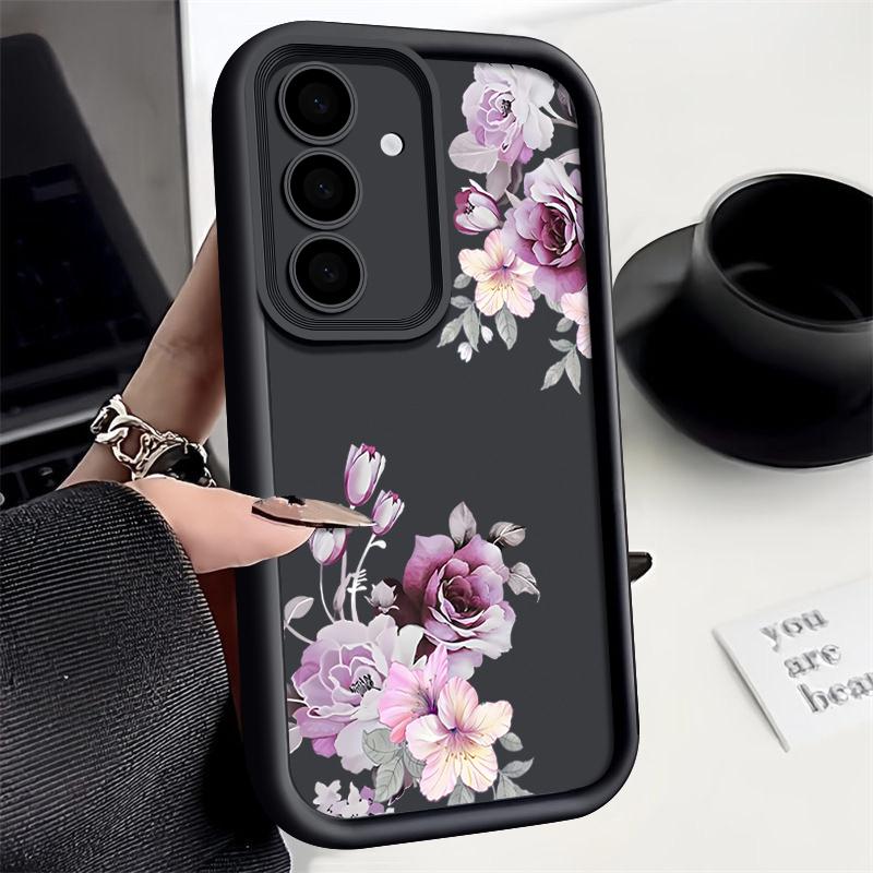 Purple Floral Print TPU Soft Phone Case For Samsung S25 Plus S24 FE S23 Ultra S22 A16 A15 A55 A56 A36 A35 A06 A05 A34 Matte Shockproof Bumper Cover