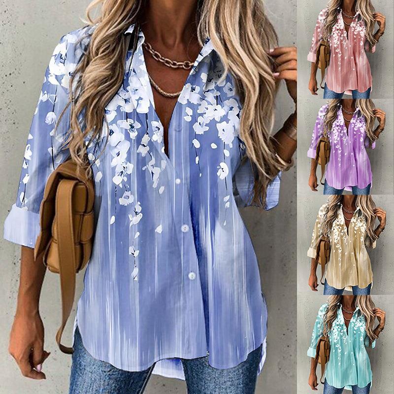 

Women s Floral Print V-Neck Blouse Loose Fit Short Sleeve Top in 5 Colors S фіолетовий