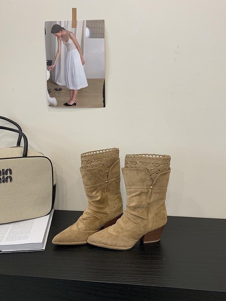 Autumn and winter 2025 new pointed thick heel medium boots lace edge sleeve high heel women's boots