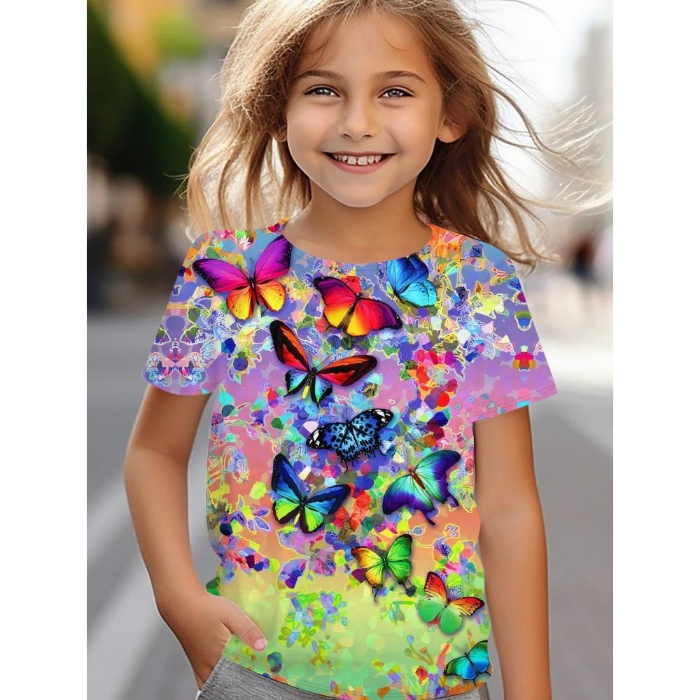 Children's Clothing, Women's Clothing, Summer Short Sleeved Kawaii Butterfly Printed Girls' T-shirt, Fashionable Round Neck Children's Clothing