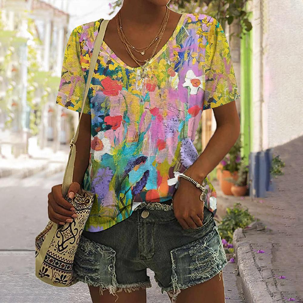 Summer V-neck 3D Printed Colorful Floral Graphics Top Fashionable Casual Short Sleeved Women's T-shirts