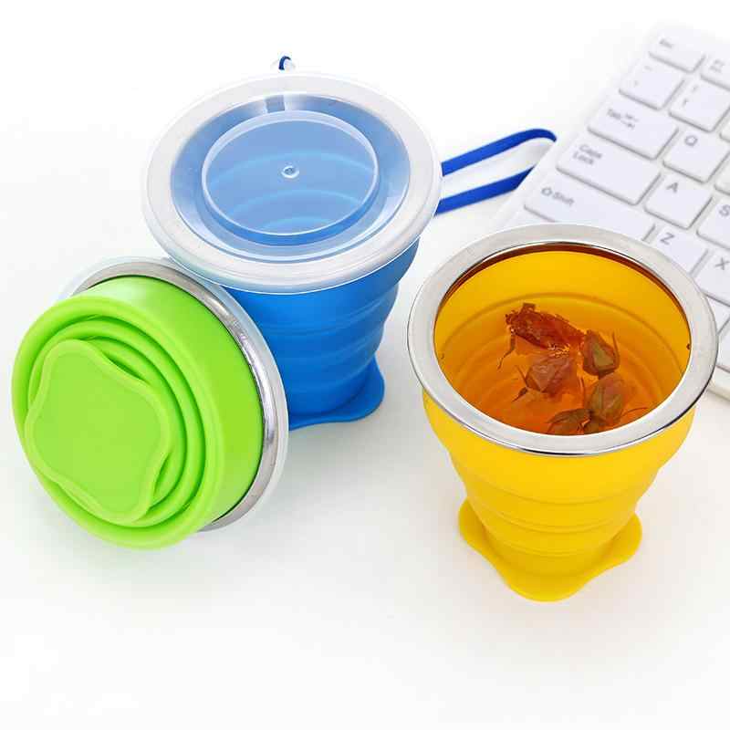 Copo Dobrável de Silicone para Exterior Caneca Dobrável Garrafa Dobrável para Camping Copos de Água de Viagem Caneca Portátil para Chá/Bebida com Tampa 200ML